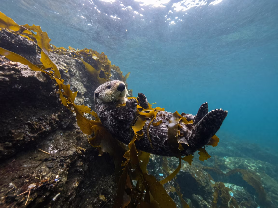Sea Otter Wrapped in Kelp Tide Rock Salvador in beside a tide-cut rock ledge under clear water near Salvador
