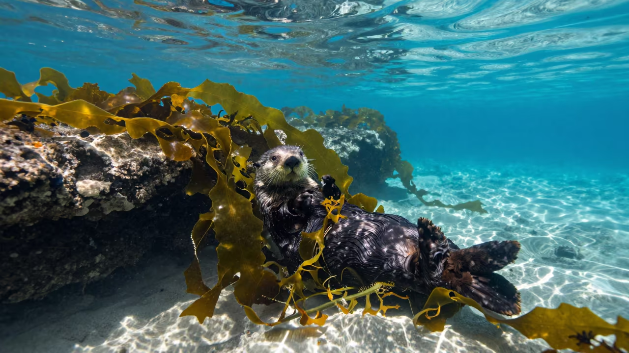 Sea Otter Wrapped in Kelp Underwater Cuba in through kelp fronds beside a rocky shelf in Cuba