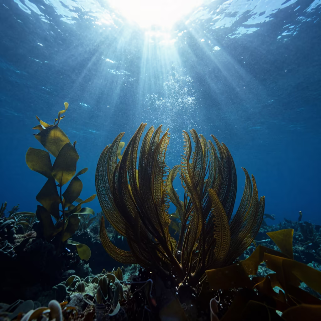 Sea Pen Colony Silhouetted in Sunlight in along a kelp-fringed shelf near Naples