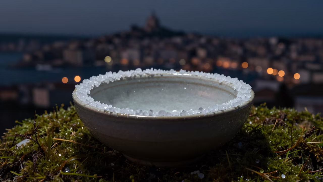 Sea Salt Crystals on Ceramic Bowl in Marseille in on dew-soaked moss in Marseille