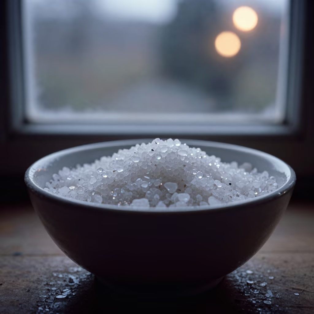 Sea Salt Crystals on Ceramic Bowl at Twilight in along a frost-edged windowpane near Durban