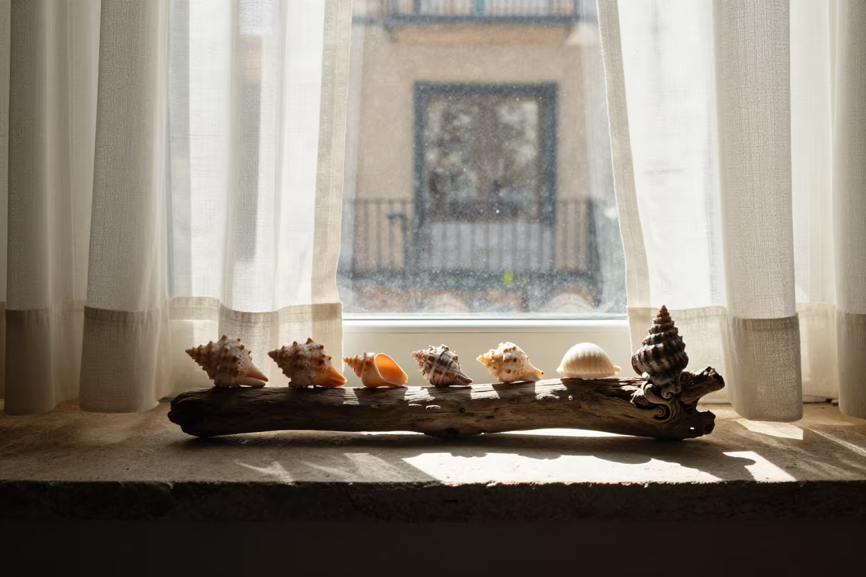 Sea Shells on Driftwood in Barcelona Light in on a stone ledge near Barcelona