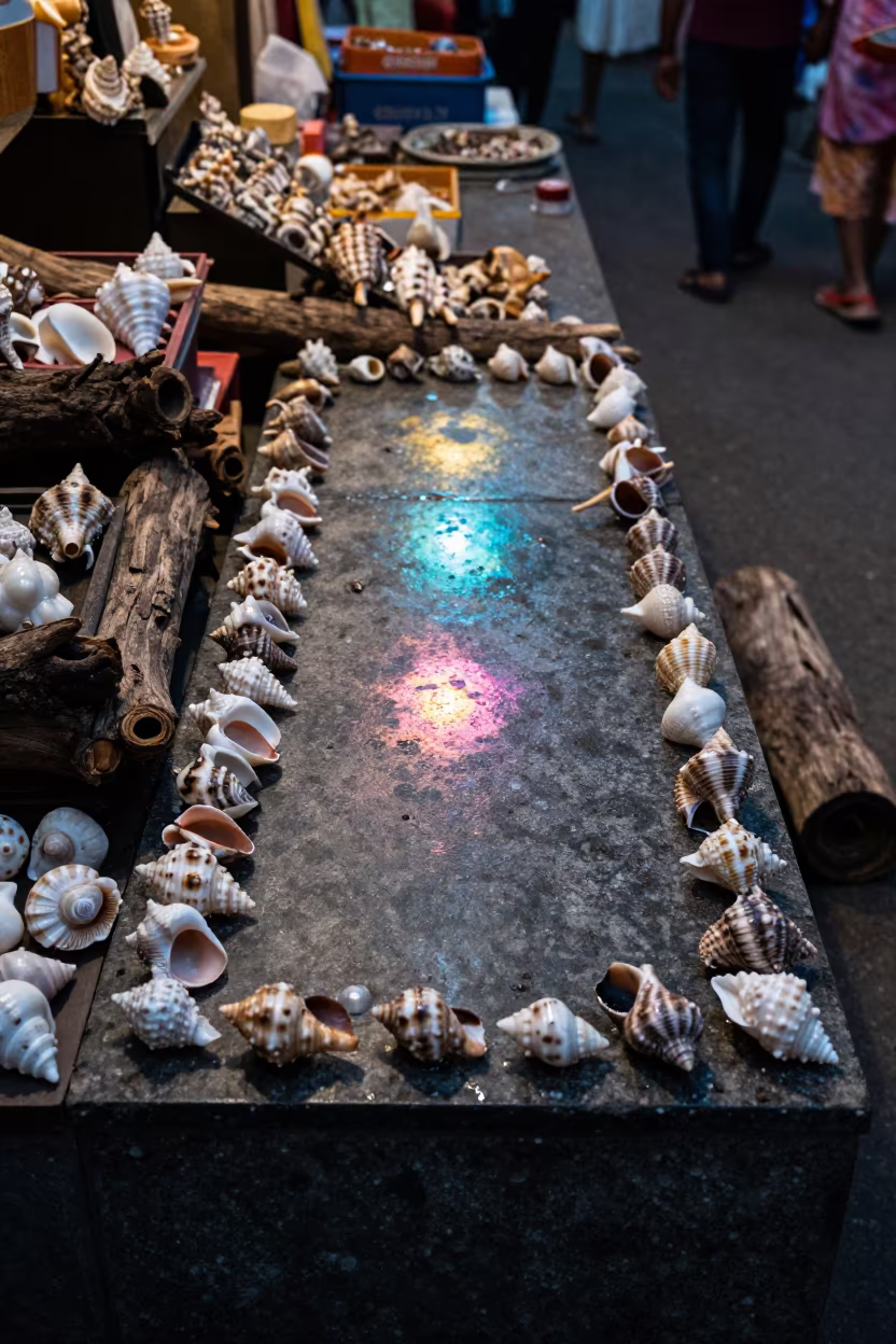 Sea Shells on Driftwood in Chor Bazaar in on a stone ledge in Chor Bazaar, Mumbai