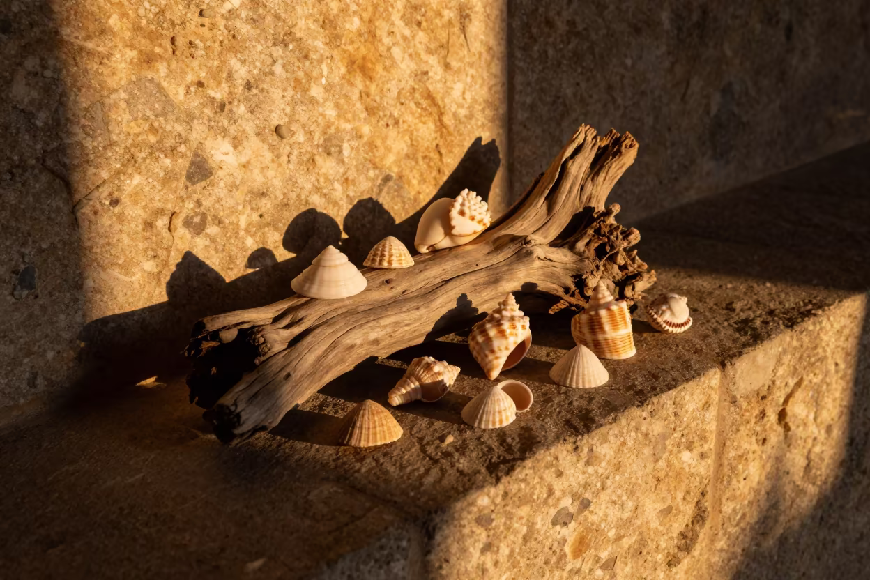 Sea Shells Driftwood Stone Ledge Barcelona Evening in on a stone ledge near Sant Antoni, Barcelona