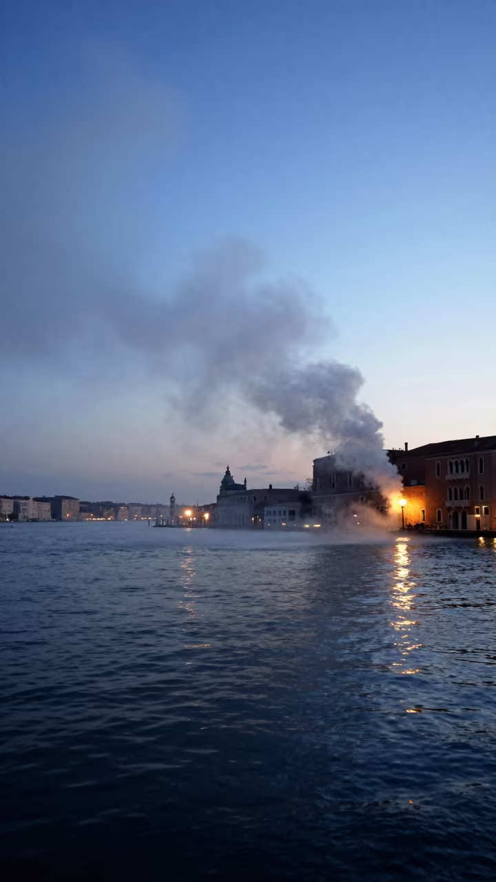 Sea Smoke Rising Near Venice Under Clear Sky in beneath fast-moving cloud bands near Castello, Venice