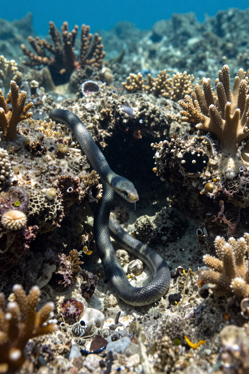 Sea Snake Gliding Through Branching Coral Reef in beside a reef crevice under clear water near Zanzibar