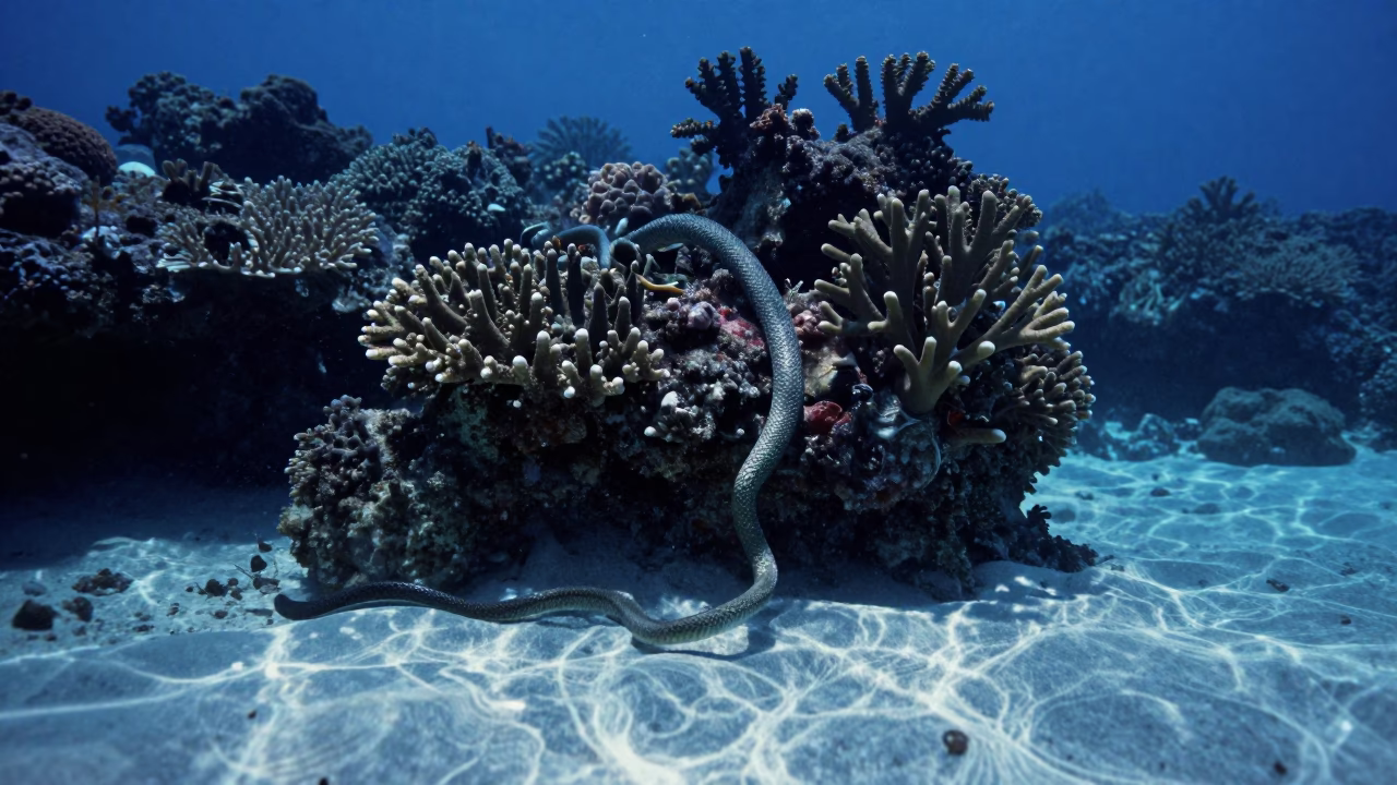 Sea Snake Among Coral in Stone Town Twilight in beside a volcanic reef overhang near Stone Town