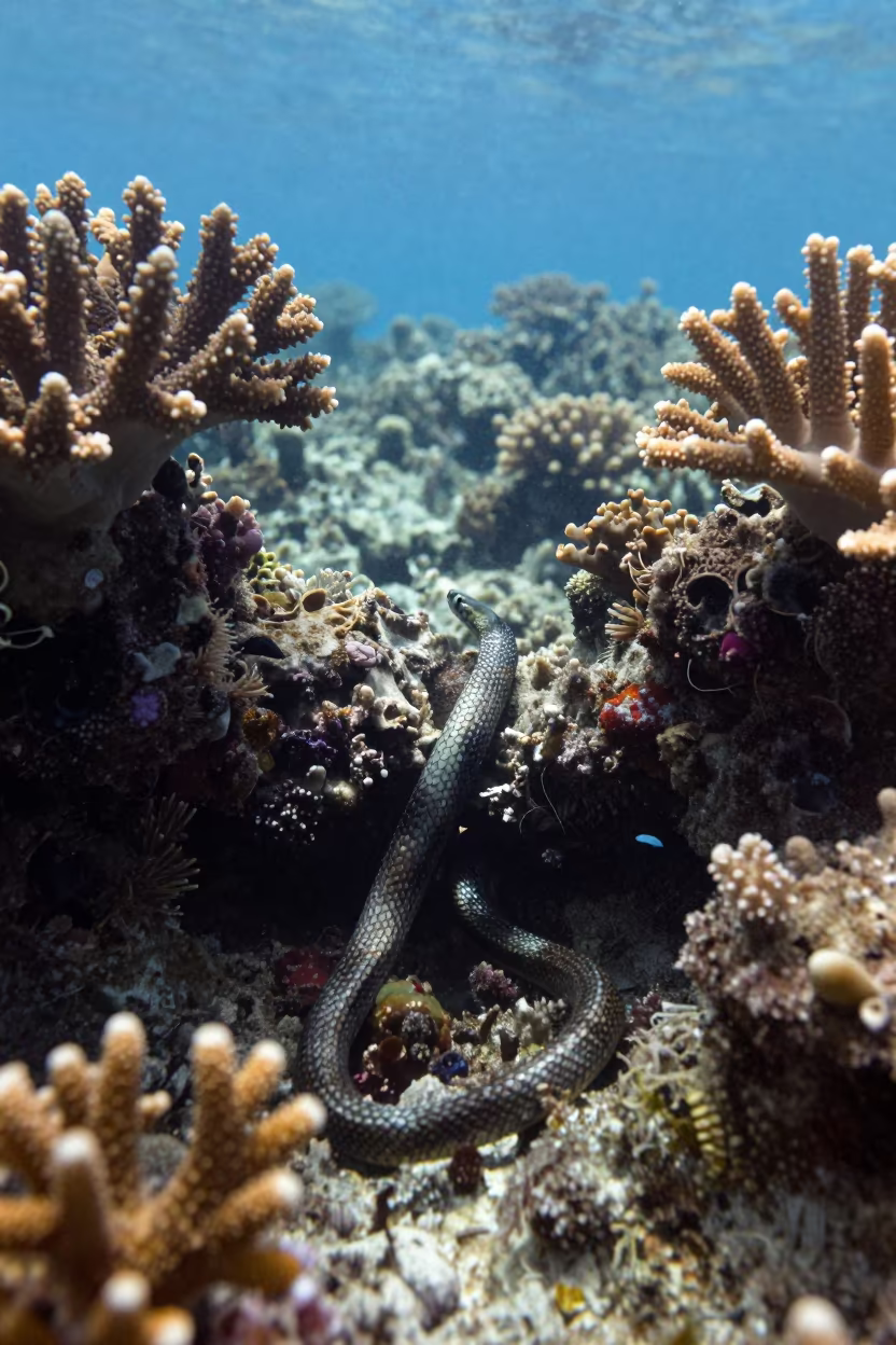 Sea Snake Gliding Through Coral Reef Crevice in beside a reef crevice under clear water near Cebu