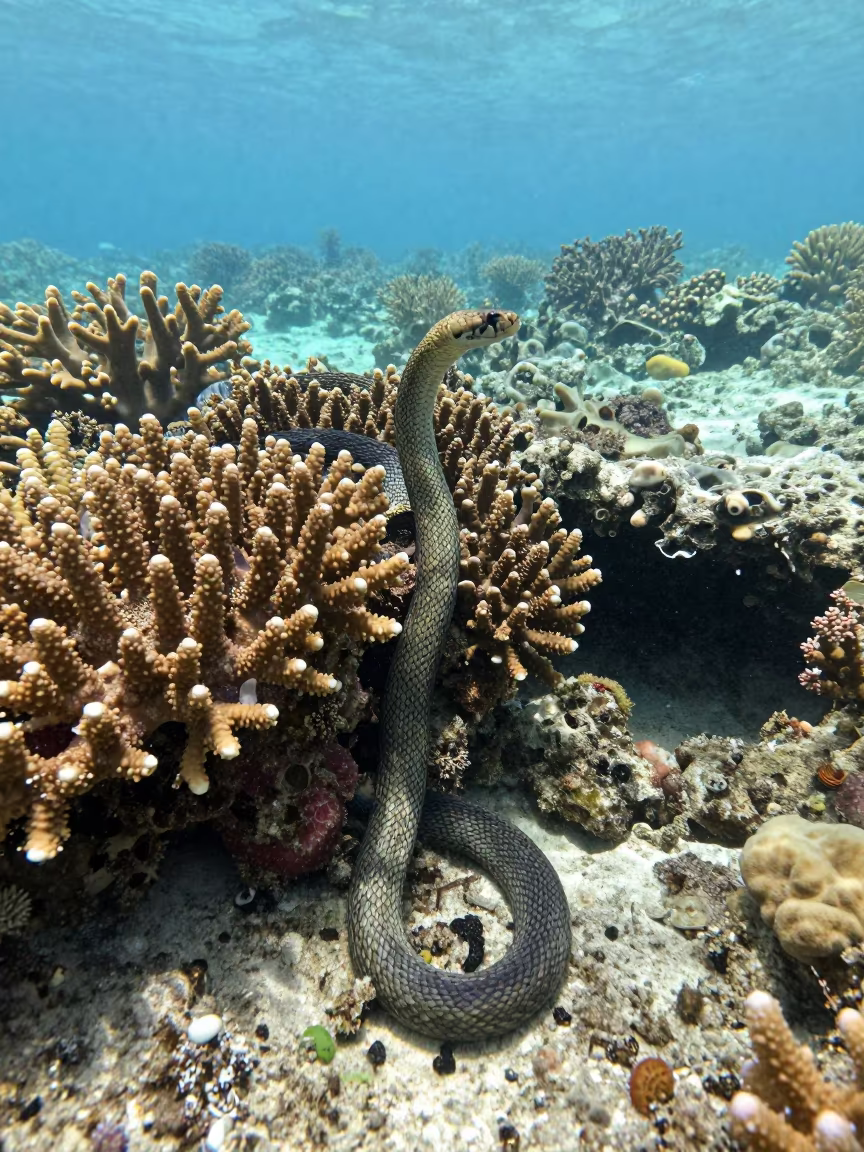 Sea Snake Through Coral Branches Cebu Reef in beside a reef crevice under clear water near Cebu