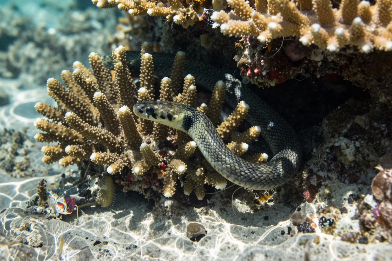 Sea Snake Through Coral Near Cairns Reef in beside a volcanic reef overhang near Cairns