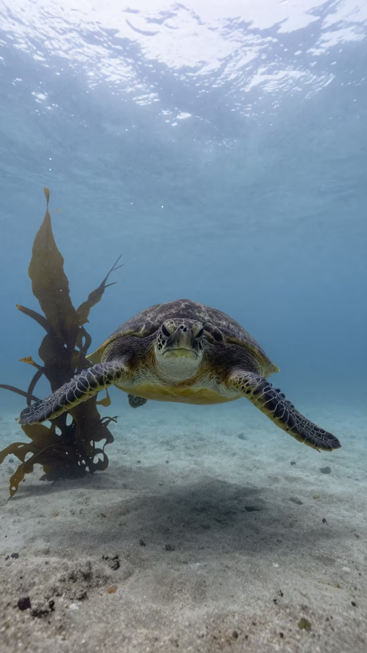 Sea Turtle Gliding Near Haifa Winter Kelp in along a kelp-fringed shelf near Haifa