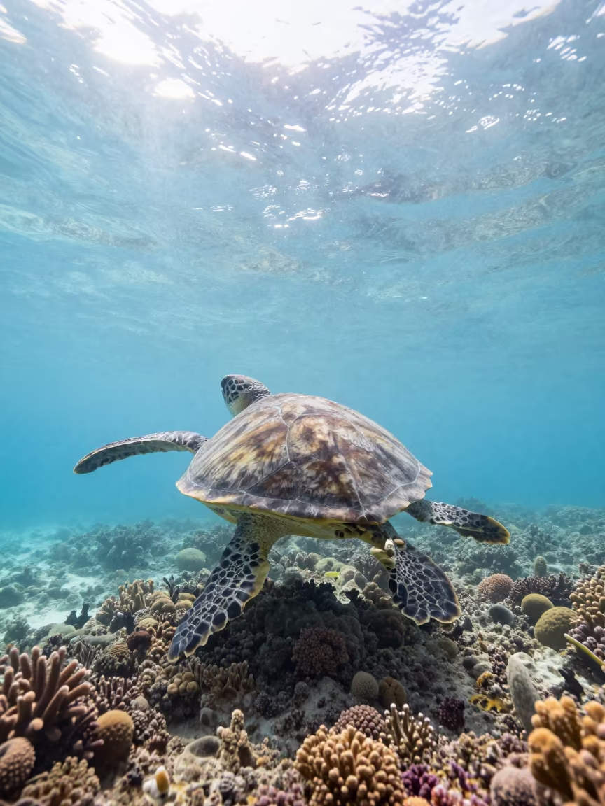 Sea Turtle Over Zanzibar Coral Reef in beneath a reef ledge in tropical shallows near Zanzibar