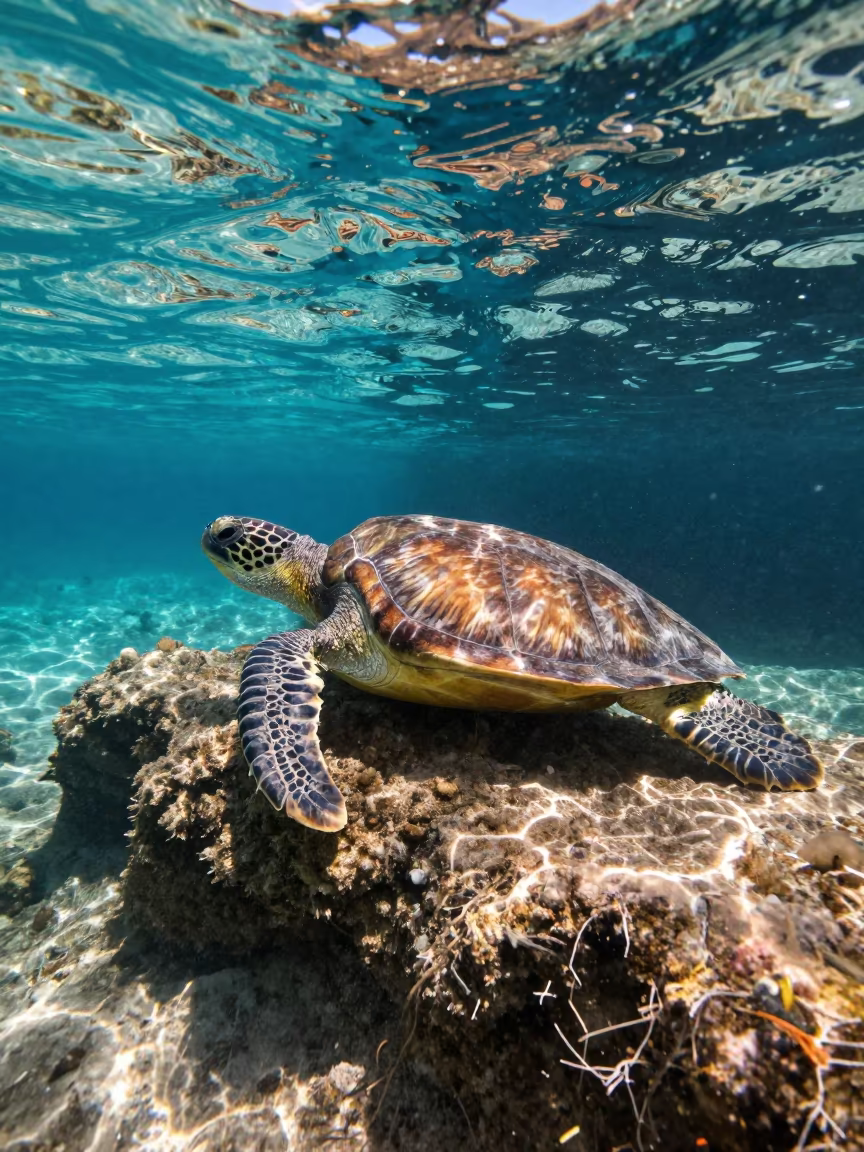Sea Turtle Resting in Sicilian Underwater Cave in in Sicily