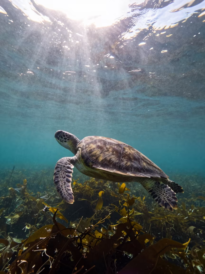 Sea Turtle Silhouette in Barcelona Kelp Forest in through a forest of kelp fronds near Raval, Barcelona
