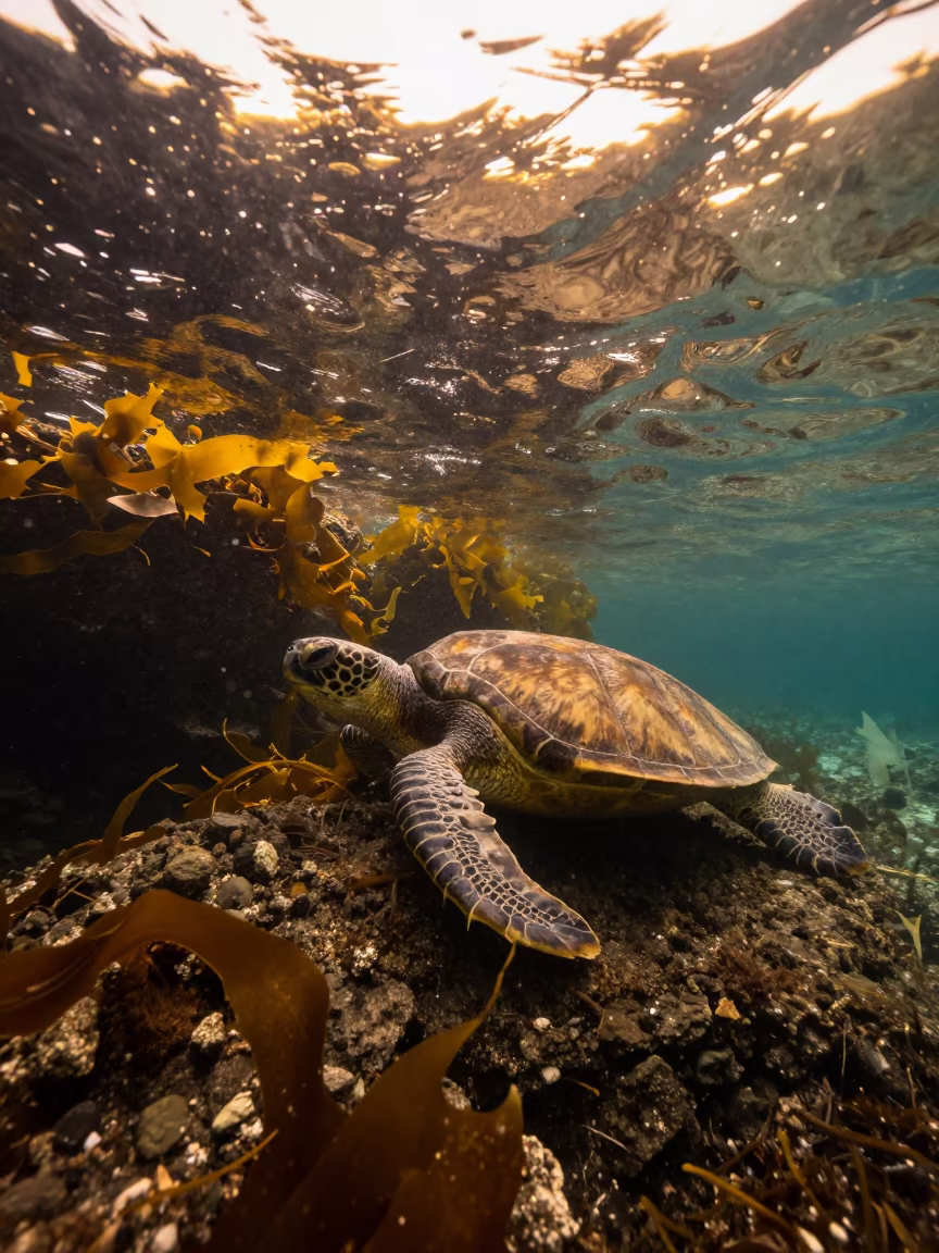 Sea Turtle Silhouette on Portugal Cave Ledge in along a kelp-fringed shelf in Portugal