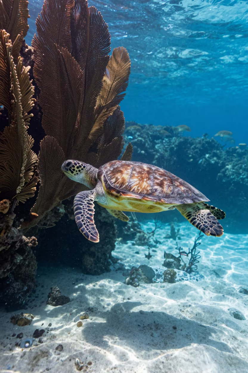 Sea Turtle Swimming Above Sea Fan in Zanzibar Reef in beside a reef crevice under clear water near Zanzibar