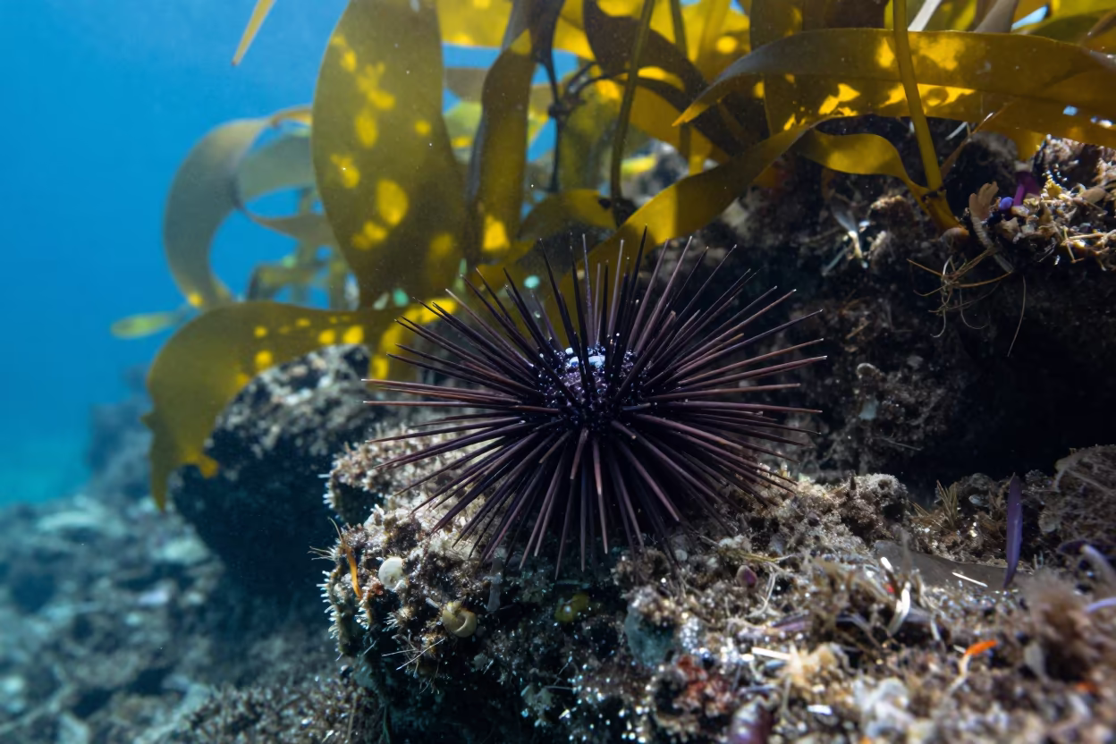 Sea Urchin Barren in Goa Kelp Forest in through kelp fronds beside a rocky shelf in Goa