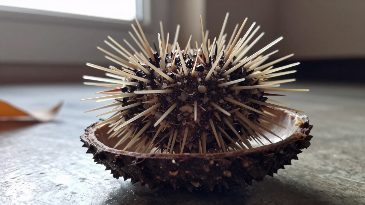Sea Urchin Spine Base Macro in Busan Seed Pod in inside a seed pod split open near Busan