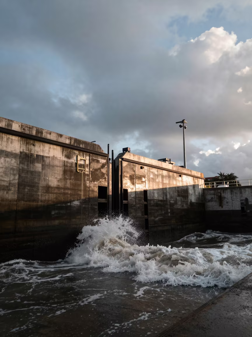 Sea Wall at Canal Lock in Monsoon Twilight in at a canal lock chamber in Salvador
