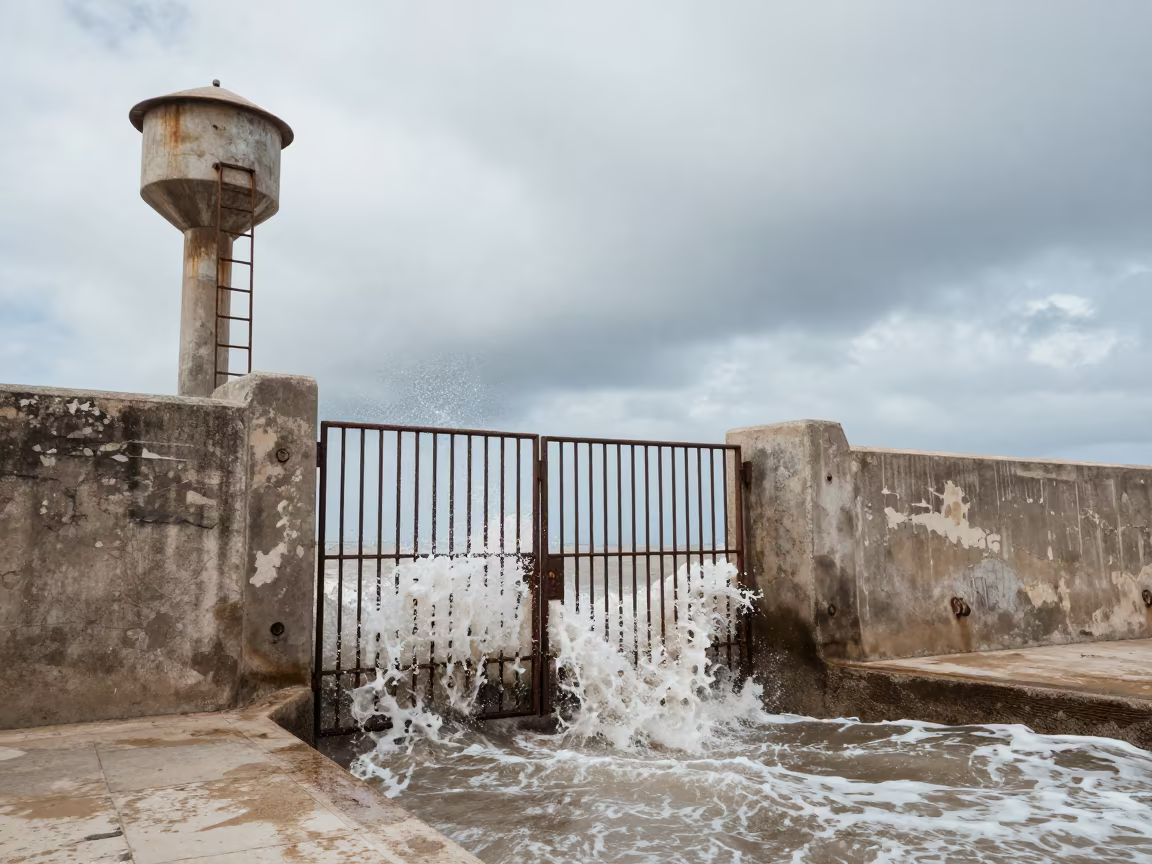 Sea Wall Gate Hammered by Noon Waves in beside a water tower ladder in Skala, Essaouira
