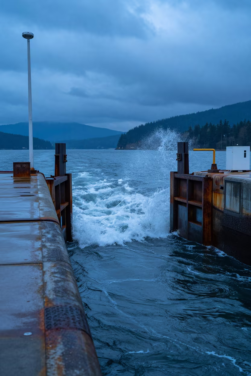 Sea Wall Gate Twilight British Columbia Harbor in at a canal lock chamber in British Columbia