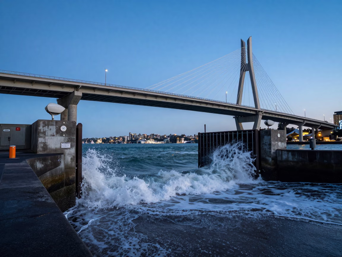 Sea Wall Gate Under Bridge Auckland Harbor in under a cable-stayed bridge span in Auckland