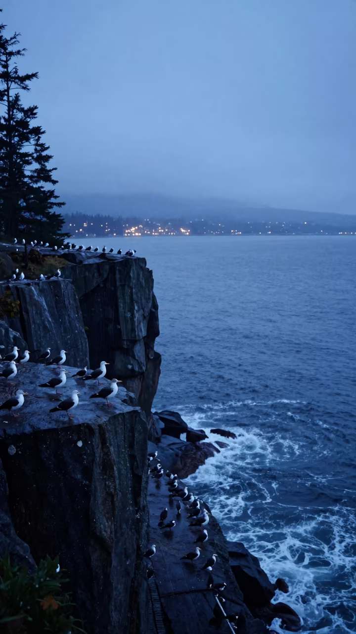 Seabirds on Vancouver Sea Cliff Twilight Drizzle in near Vancouver