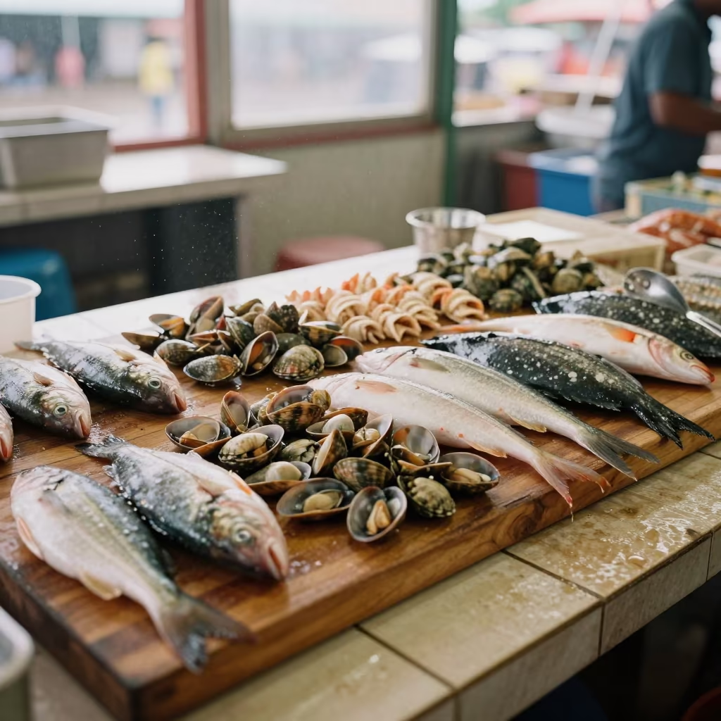 Seafood Board Libreville Market Sidelight in at a market stall counter in Libreville