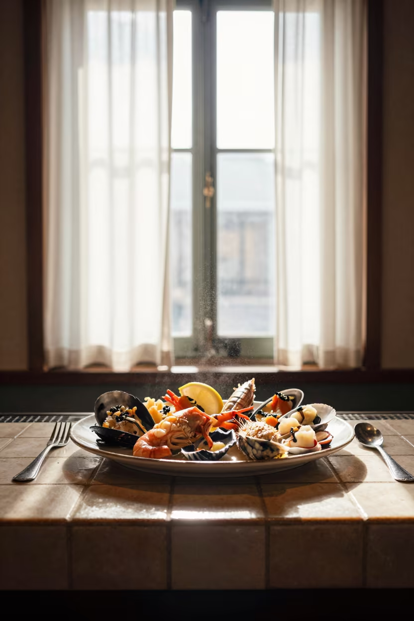 Seafood Board Midmorning Light Minna Window in on a ceramic plate by a window in Minna