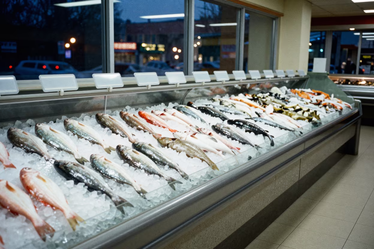 Seafood Glaze Rail Reset Near Xian City Lights in along a front-of-store display run near Xian