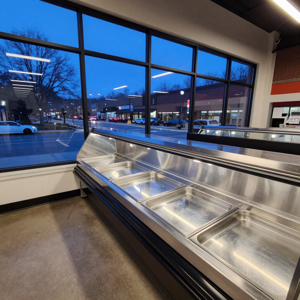 Seafood Glaze Tag Rail Blue Hour Reset in inside a retail floor display area in Asheville