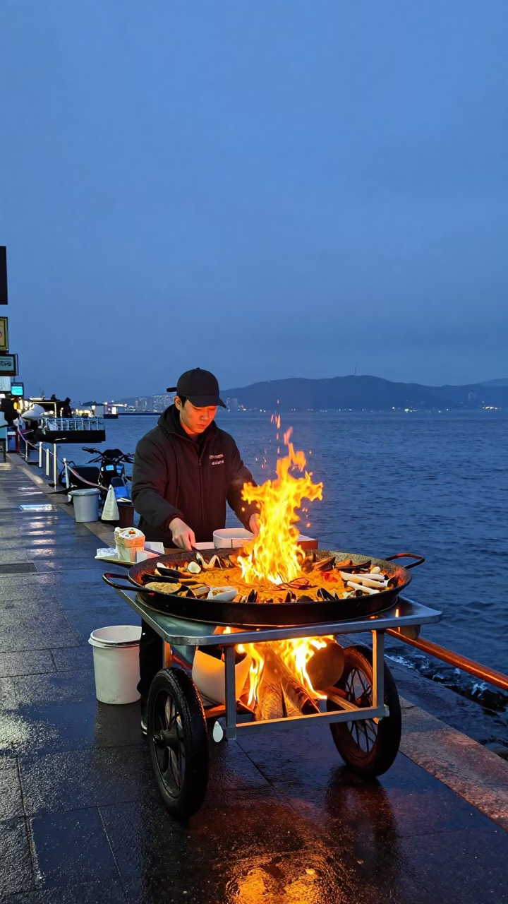 Seafood Paella in Busan at Twilight in in Busan, South Korea