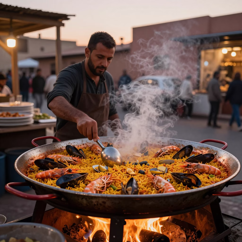 Seafood Paella in Marrakech at Copper-toned Light Before Dusk in in Marrakech, Morocco