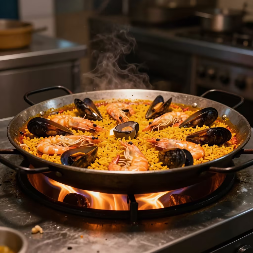 Seafood Paella Over Fire in Prayagraj Kitchen in on a kitchen worktop in Prayagraj