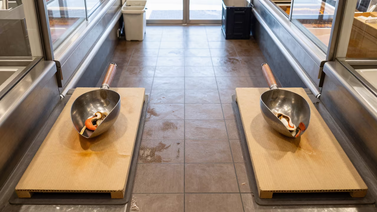 Seafood Scoop Board Waxed Cardboard Checkout in at a checkout lane under flat store light in Nagoya