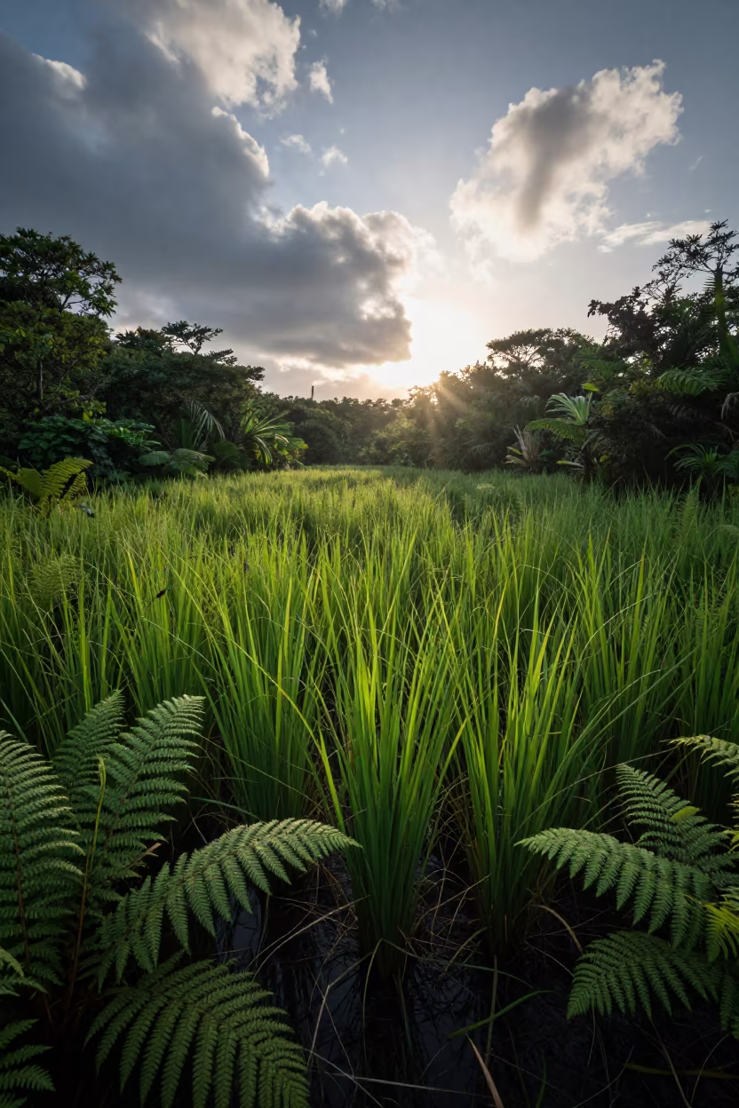 Seagrass Meadow Fern Forest Jamaica Sunrise in on a fern-lined forest floor in Jamaica