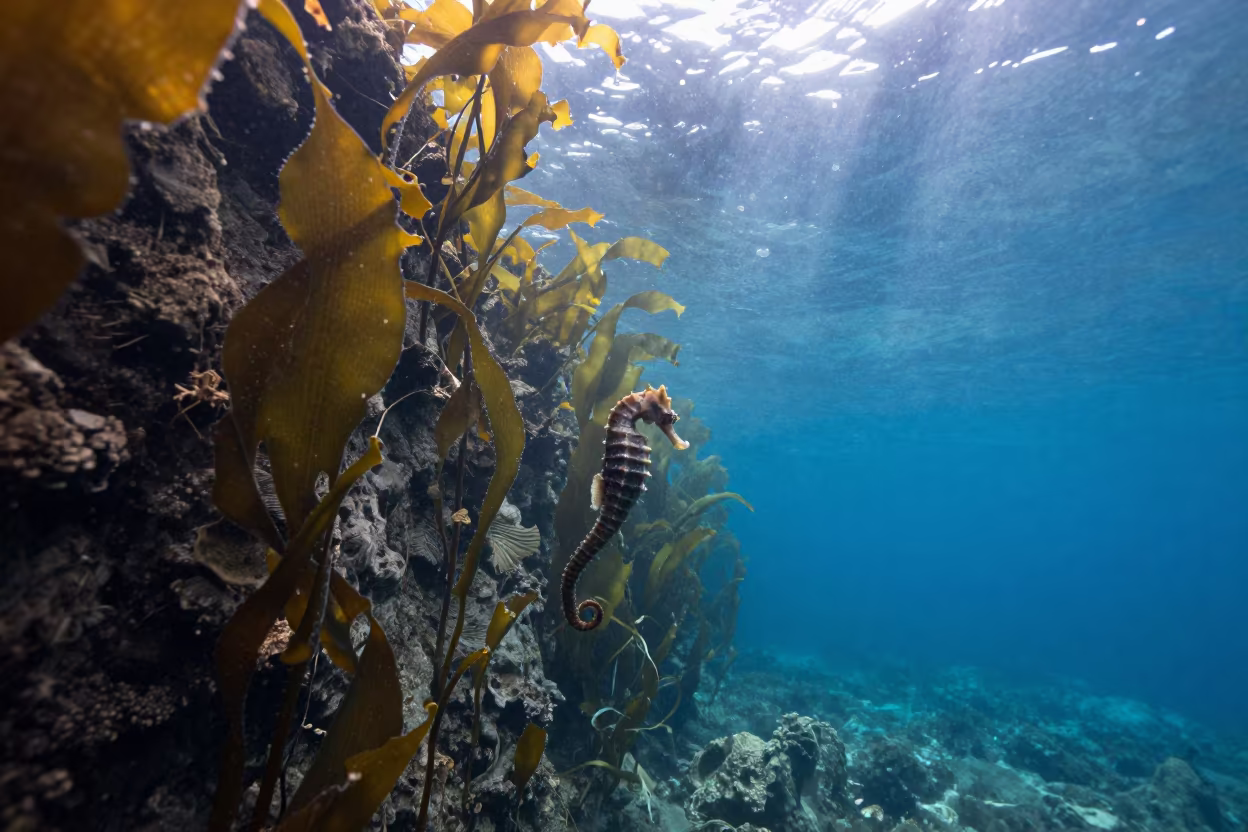 Seahorse Among Kelp in Osaka Morning Light in through a forest of kelp fronds near Tennoji, Osaka