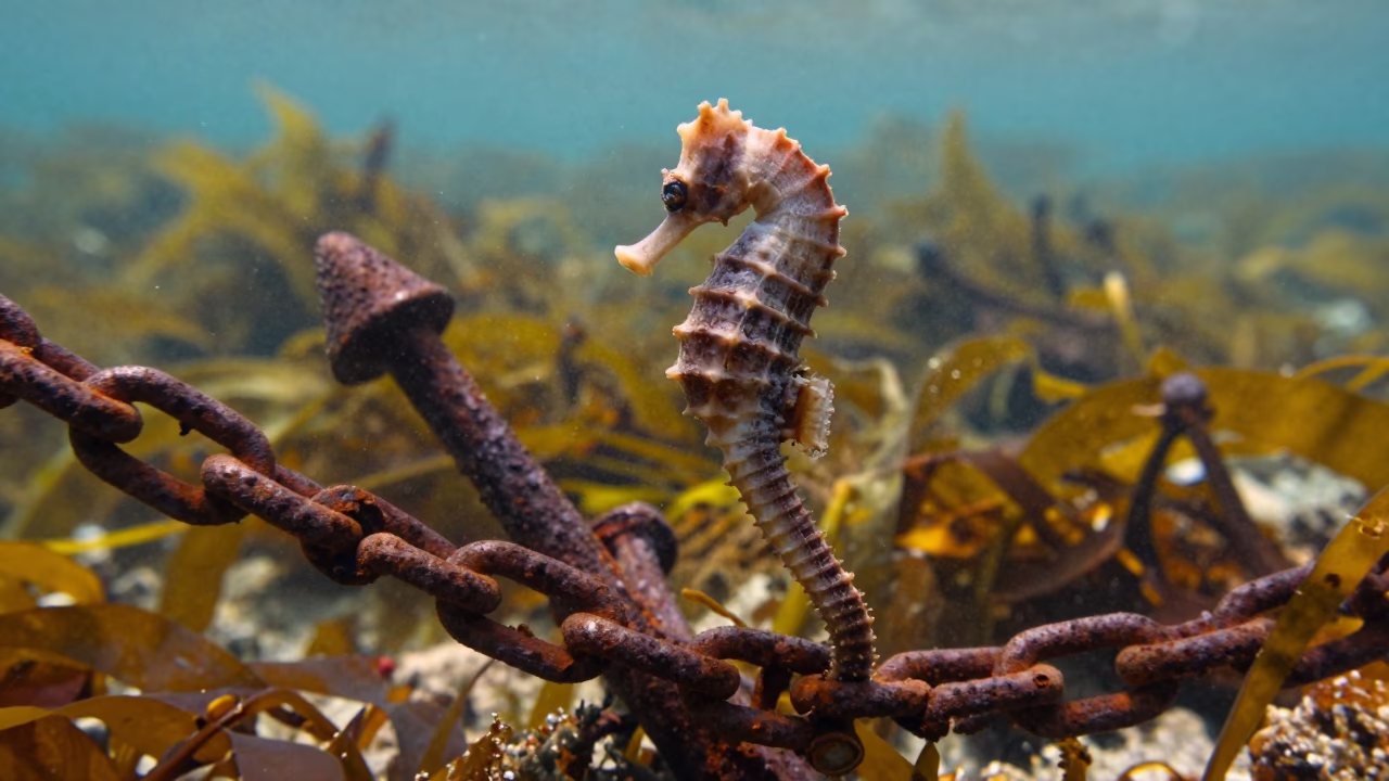 Seahorse Near Anchor Chain Croatian Kelp in along a kelp-fringed shelf in Croatia