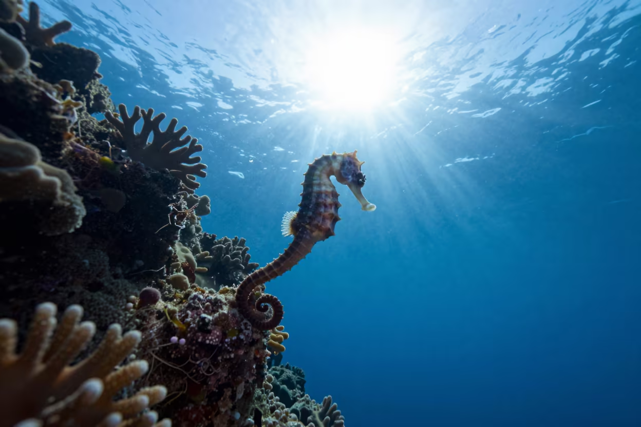 Seahorse Anchored to Coral Before Sunrise in along a coral wall with blue water beyond near Cairns