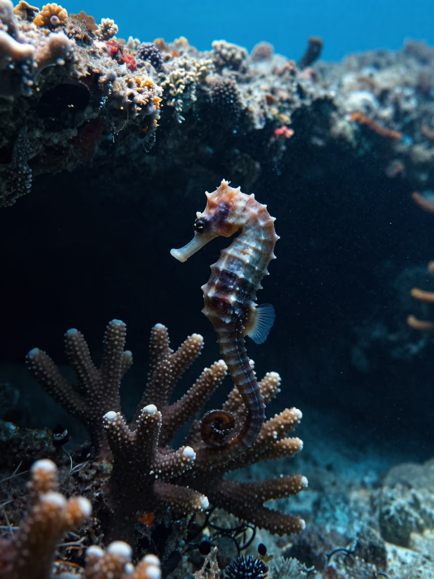 Seahorse Anchored to Coral in Deep Reef Shadow in beneath a reef ledge in tropical shallows near Stone Town
