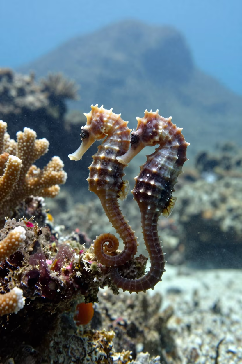 Seahorse Pair Entwined on Coral Branch in beside a volcanic reef overhang near Stone Town