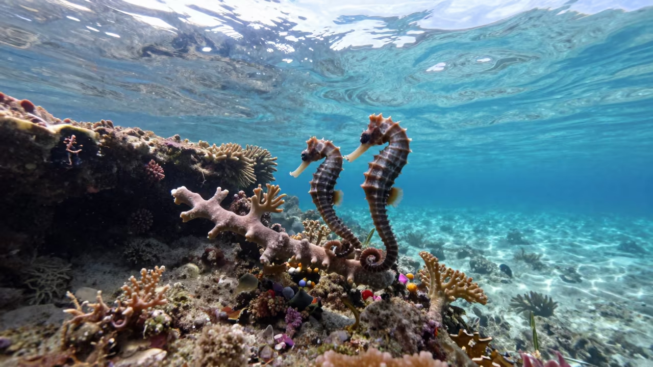 Seahorse Pair Entwined on Coral in Cebu in beneath a reef ledge in tropical shallows near Cebu