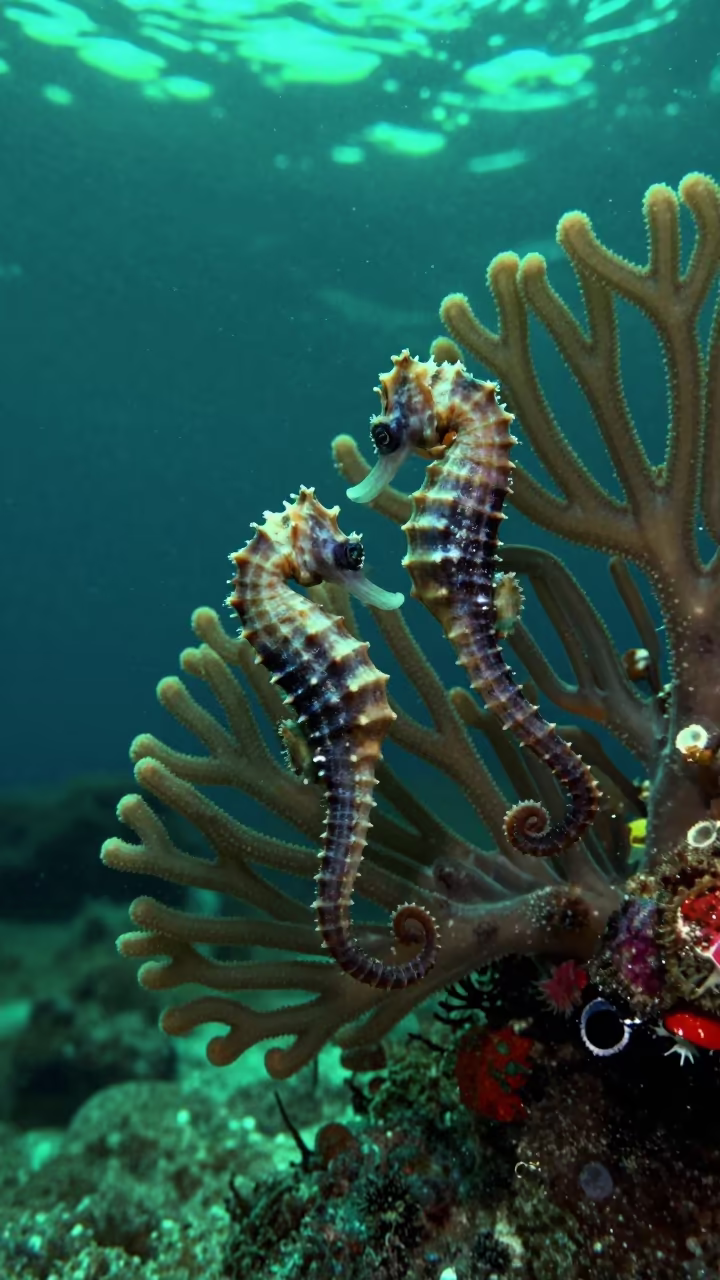 Seahorses Anchored on Gorgonian Fan Reef in beside a volcanic reef overhang near Cairns