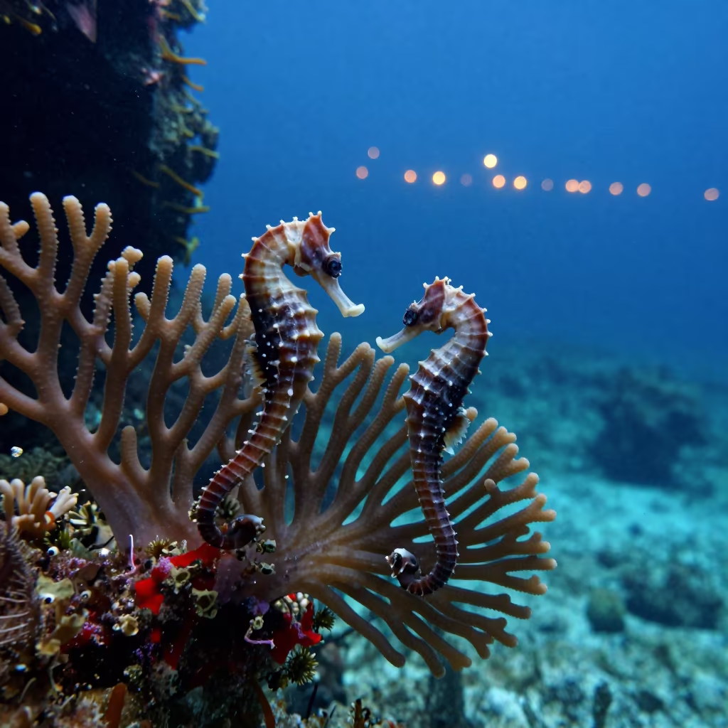 Seahorses Anchored to Sea Fan Near Denpasar in beside a reef crevice under clear water near Denpasar