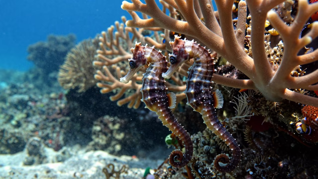 Seahorses on Gorgonian Fan Zanzibar Reef in beside a volcanic reef overhang near Zanzibar