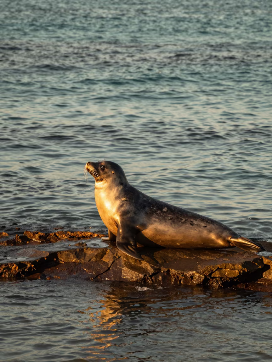 Seal Basking on Queensland Rock Ledge in beside a tide-cut rock ledge under clear water in Queensland