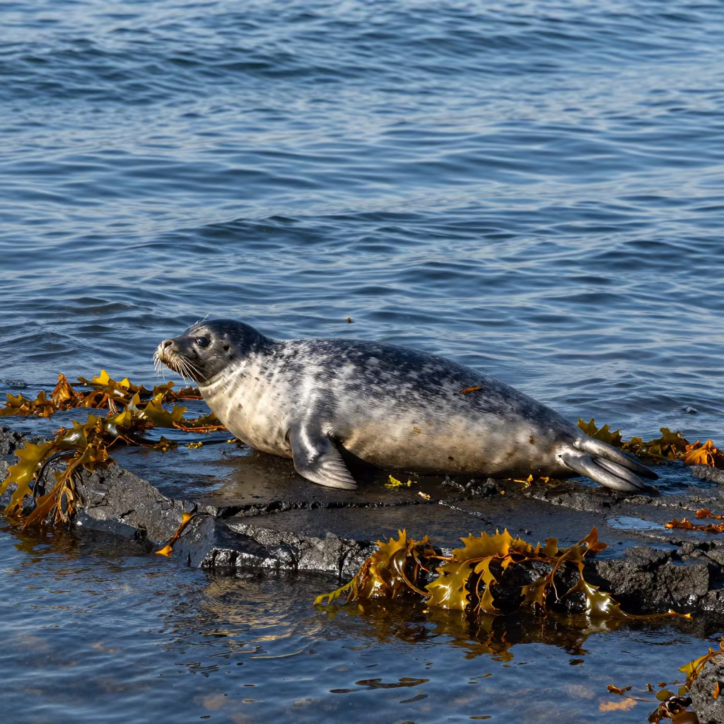 Seal Basking on Rocky Shore in Autumn Fukuoka in through kelp fronds beside a rocky shelf in Fukuoka