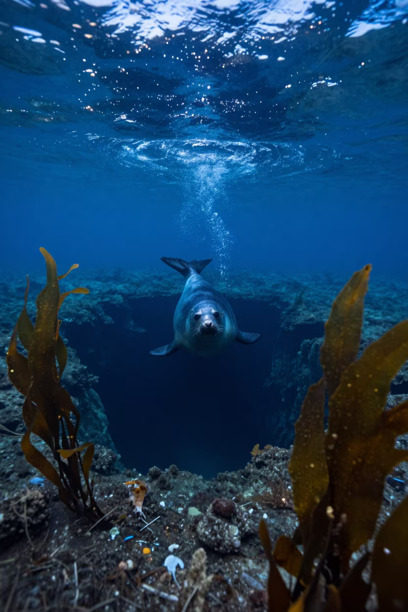 Seal Through Blue Hole in Sardinia Twilight in through kelp fronds beside a rocky shelf in Sardinia