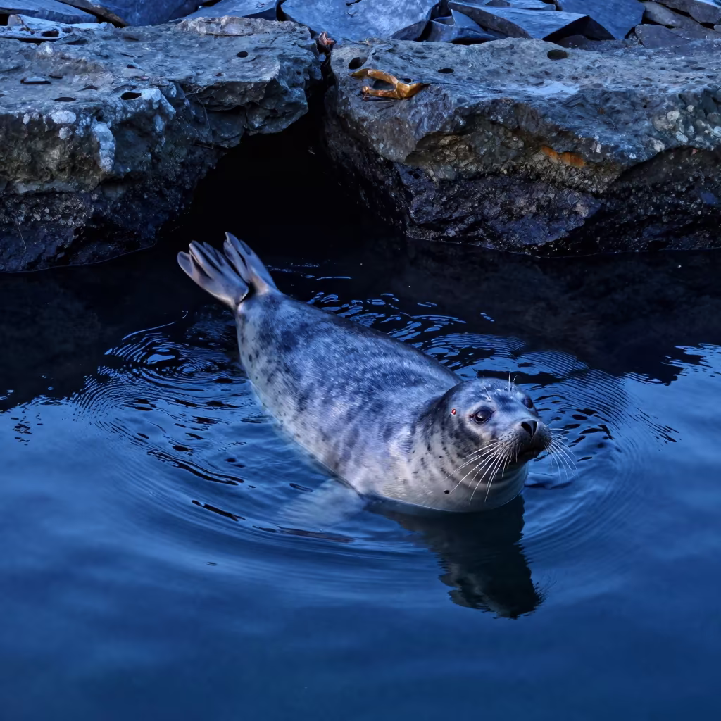 Seal in Blue Hole Vancouver Twilight in beside a tide-cut rock ledge under clear water near Vancouver
