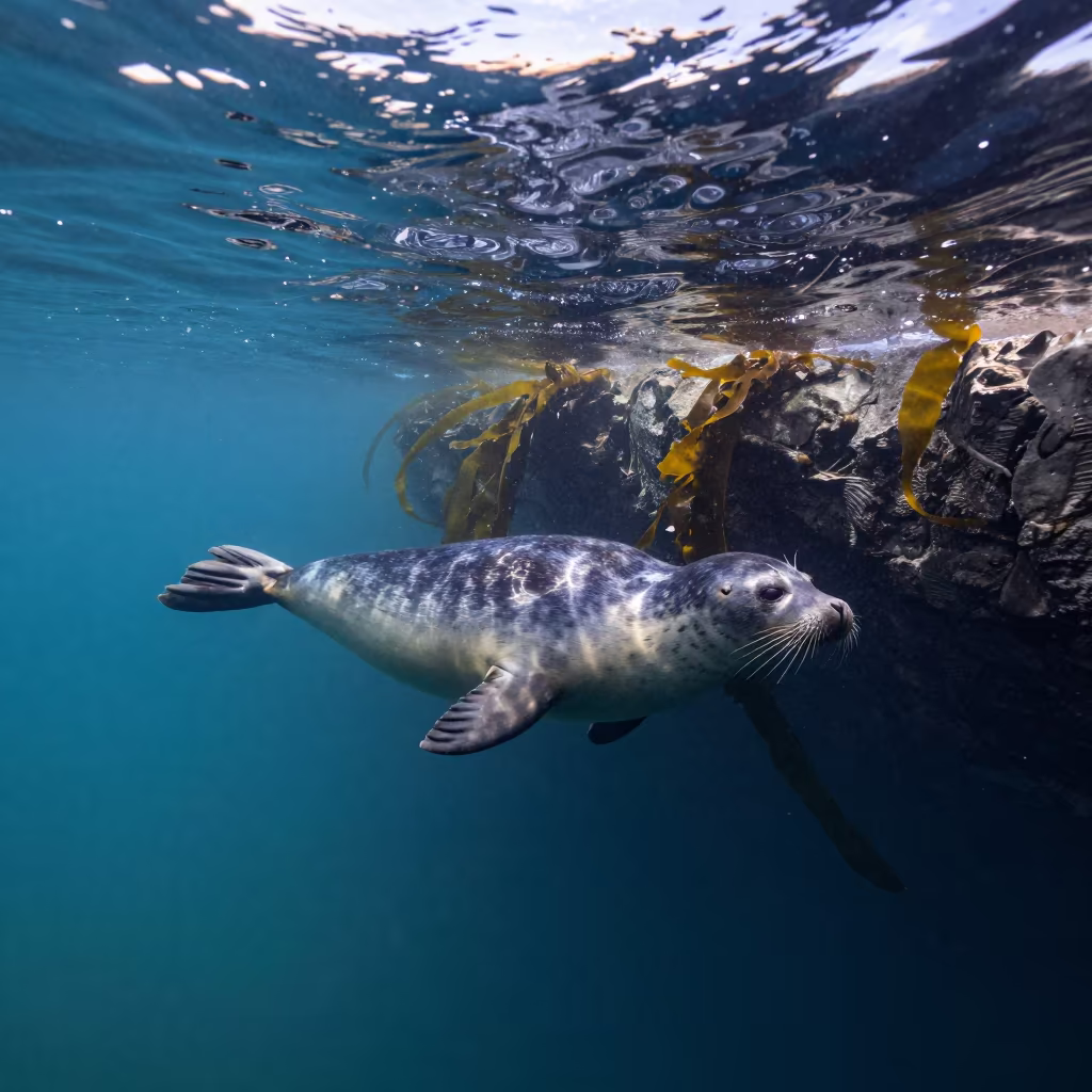 Seal in Blue Hour Through Kelp and Water in through kelp fronds beside a rocky shelf in San Francisco